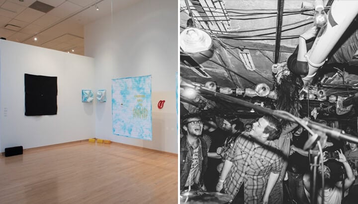 Split image: left shows an art gallery with white walls, wooden floor, paintings, and red balls. Right features a black and white photo of a live band performing in a crowded, dimly lit venue.