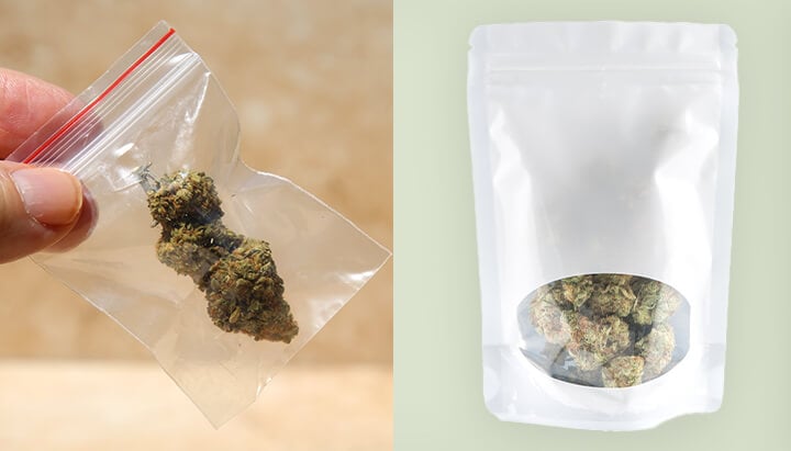 Comparison of cannabis packaging: a plastic bag and a modern Mylar bag. Highlights the evolution of cannabis packaging from simple methods to advanced preservation solutions.