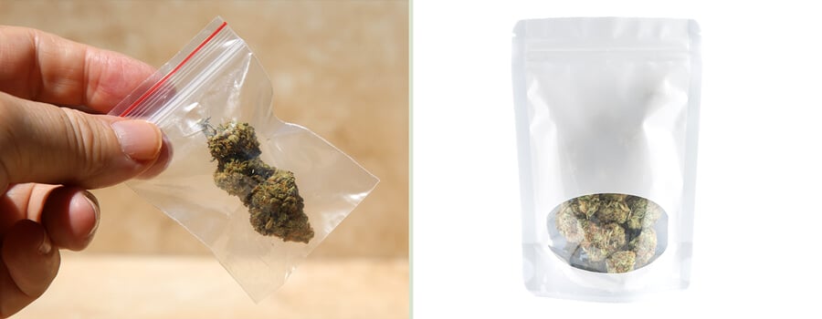 Comparison of cannabis packaging: a plastic bag and a modern Mylar bag. Highlights the evolution of cannabis packaging from simple methods to advanced preservation solutions.