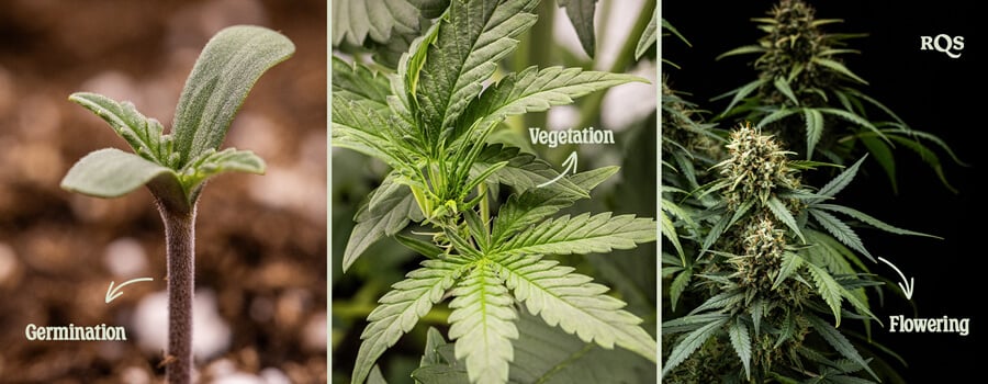 Three stages of cannabis growth: Germination with a seedling, Vegetation with fan leaves, and Flowering with dense buds covered in trichomes.