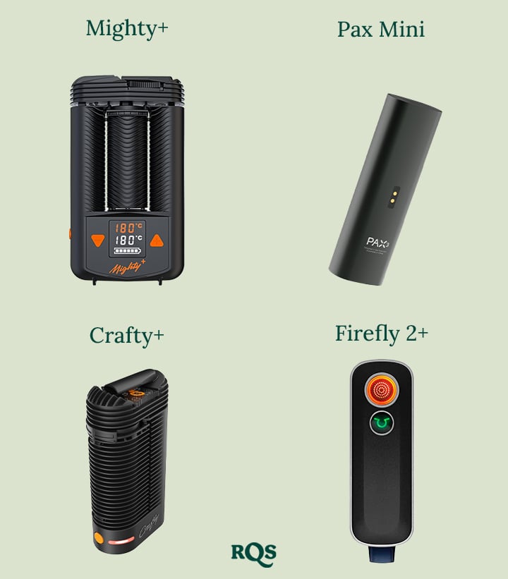 A row of four popular portable vaporizers: Mighty+, Pax Mini, Crafty+, and Firefly 2+, displayed side by side.