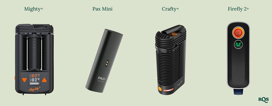 A row of four popular portable vaporizers: Mighty+, Pax Mini, Crafty+, and Firefly 2+, displayed side by side.