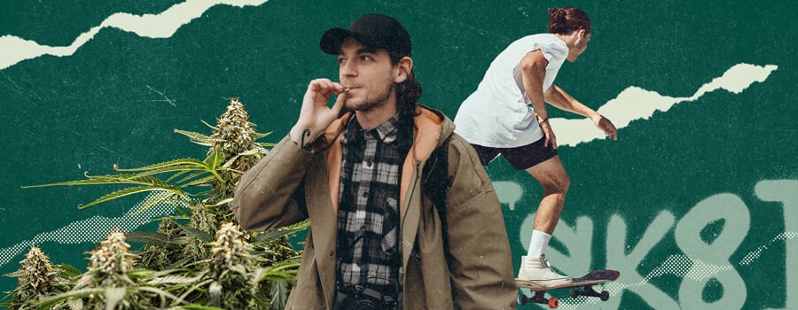 Young man smoking a cannabis joint and a skateboarder in action.