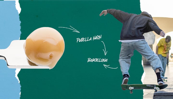 Collage showing a slab of hash on a metal spatula on the left, and a skater performing a trick in Barcelona on the right.