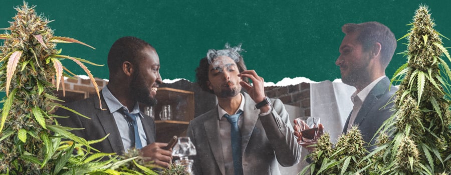 Three men in suits are relaxing indoors, with one smoking a joint. They are surrounded by images of cannabis plants.